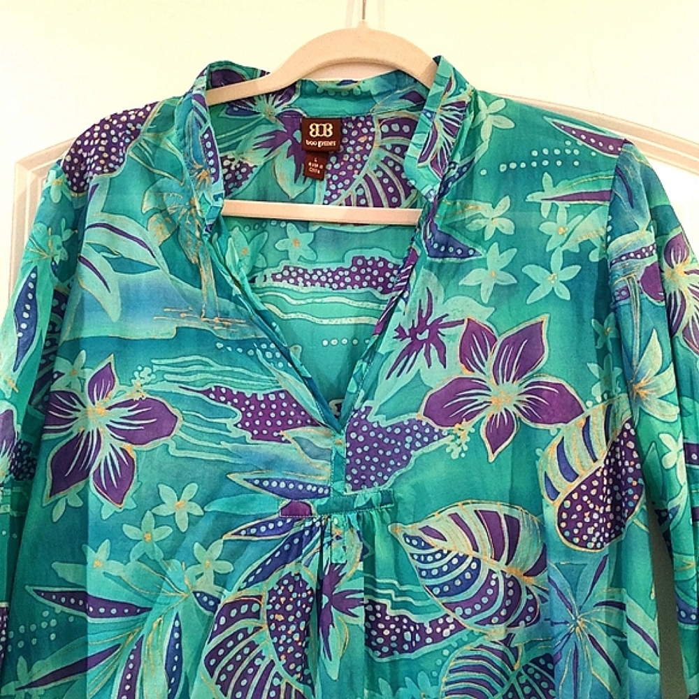 Boo Gems Tunic Top Green Purple Gold Floral Cotton Silk V-Neck Size L - Picture 7 of 12